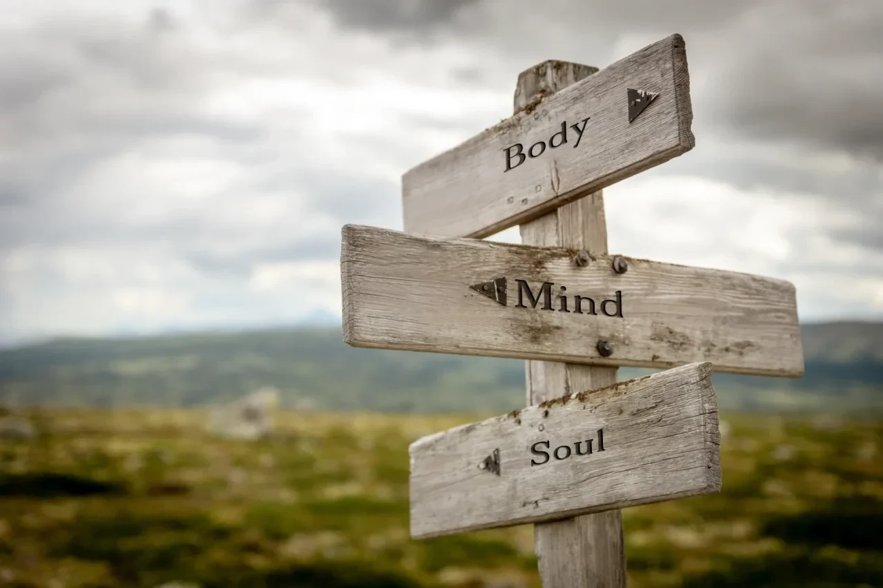 Wegweiser mit Beschriftung Body Mind und Soul