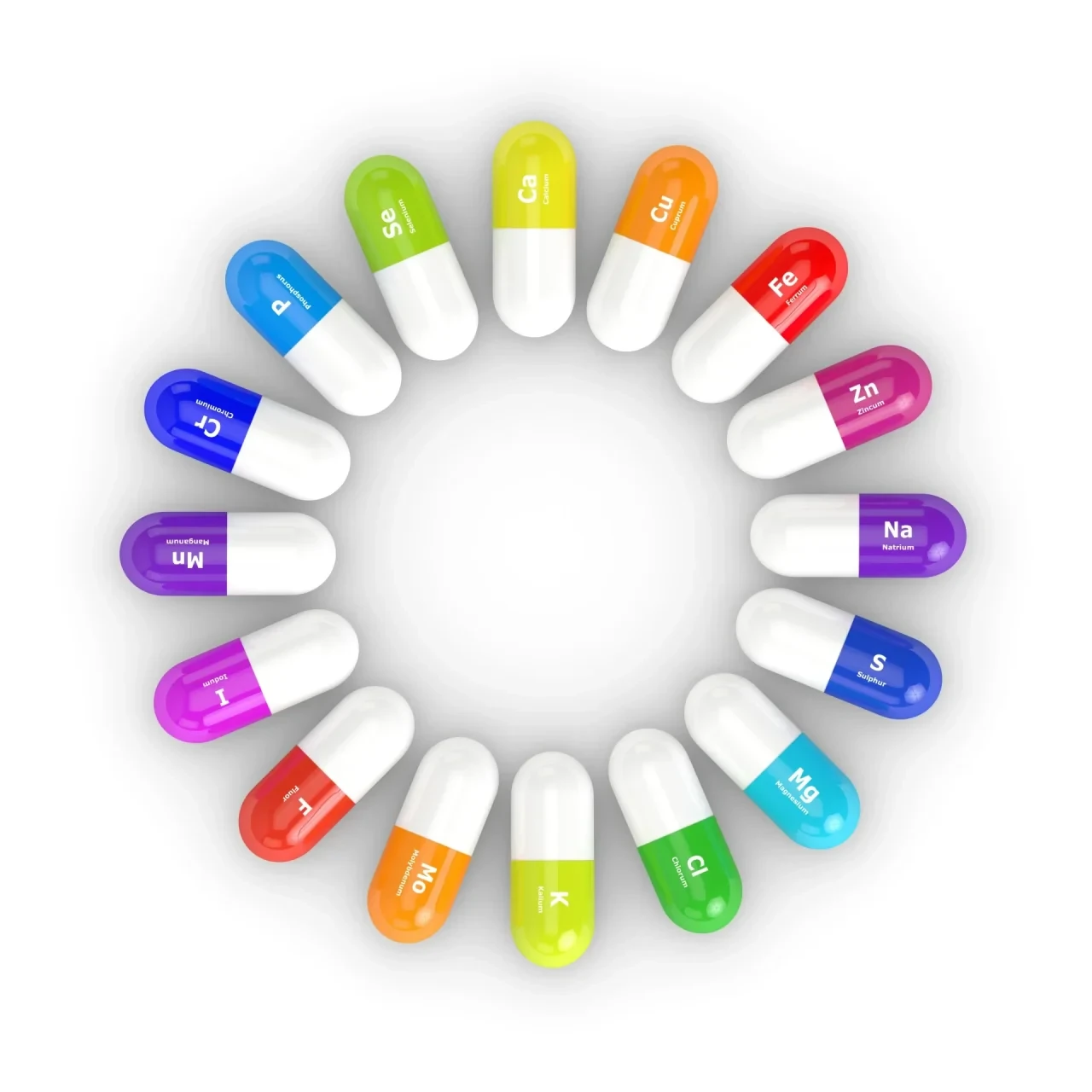 Bunte Kapseln mit Mineralstoff- und Vitaminsymbolen im Kreis angeordnet.