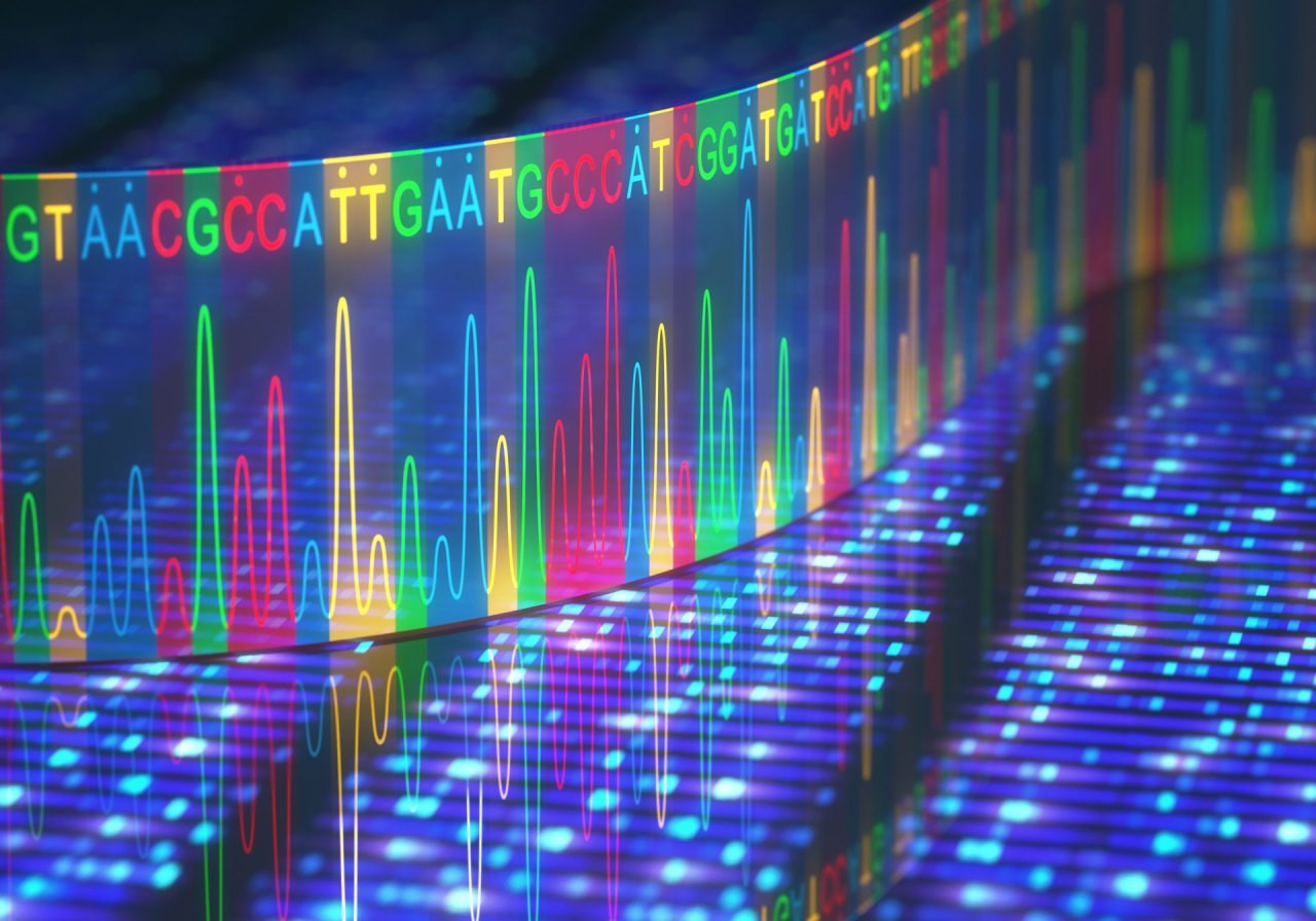 DNA-Sequenzierung: Mehrfarbige vertikale Balken und fluoreszierende Punkte symbolisieren genetische Daten, die für die Analyse von Tumorherden genutzt werden
