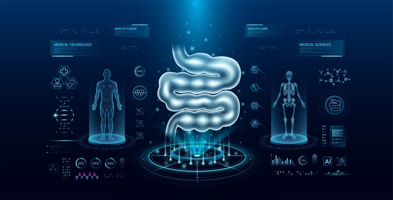 Darstellung des menschlichen Darms in einer futuristischen, digitalen Umgebung mit medizinischen Symbolen und Datenvisualisierungen.