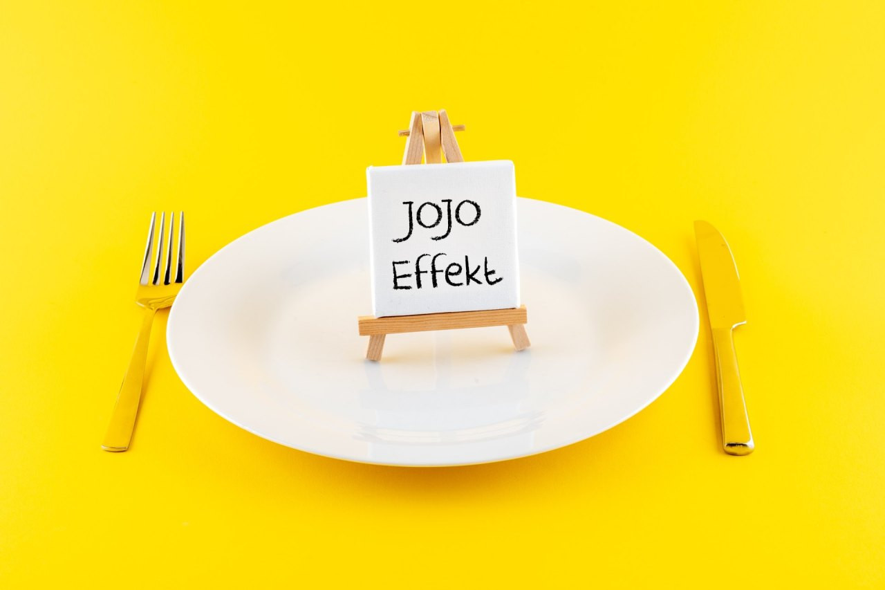 Kleine Staffelei mit dem Schriftzug „Jojo Effekt“steht auf einem weißen Teller vor gelbem Hintergrund, daneben goldfarbenes Besteck.