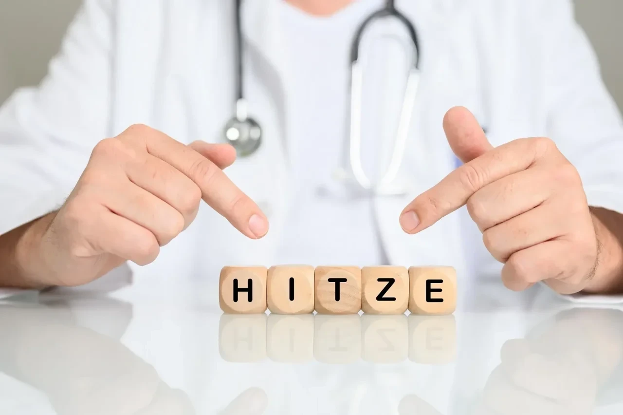 Eine Person im weißen Kittel mit Stethoskop zeigt mit beiden Zeigefingern auf Holzwürfel, auf denen das Wort „HITZE“ geschrieben steht.