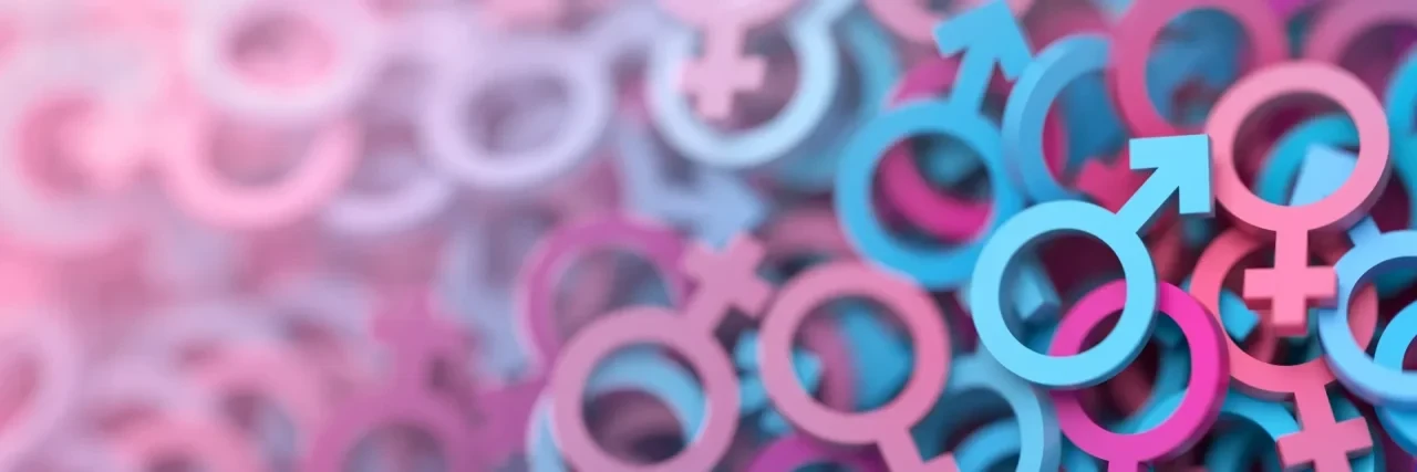 Grafische Darstellung mit zahlreichen ineinander liegenden Symbolen für weiblich und männlich in Blau und Rosa auf unscharfem Hintergrund.