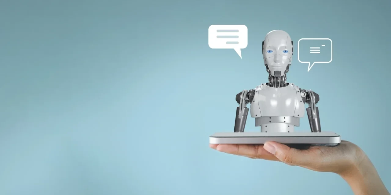 KI-Avatar sitzt auf einem Smartphone-Display