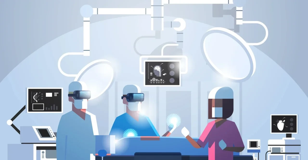 Grafik von 3 Ärzten die mit virtual reality Brillen am OP-Tisch stehen