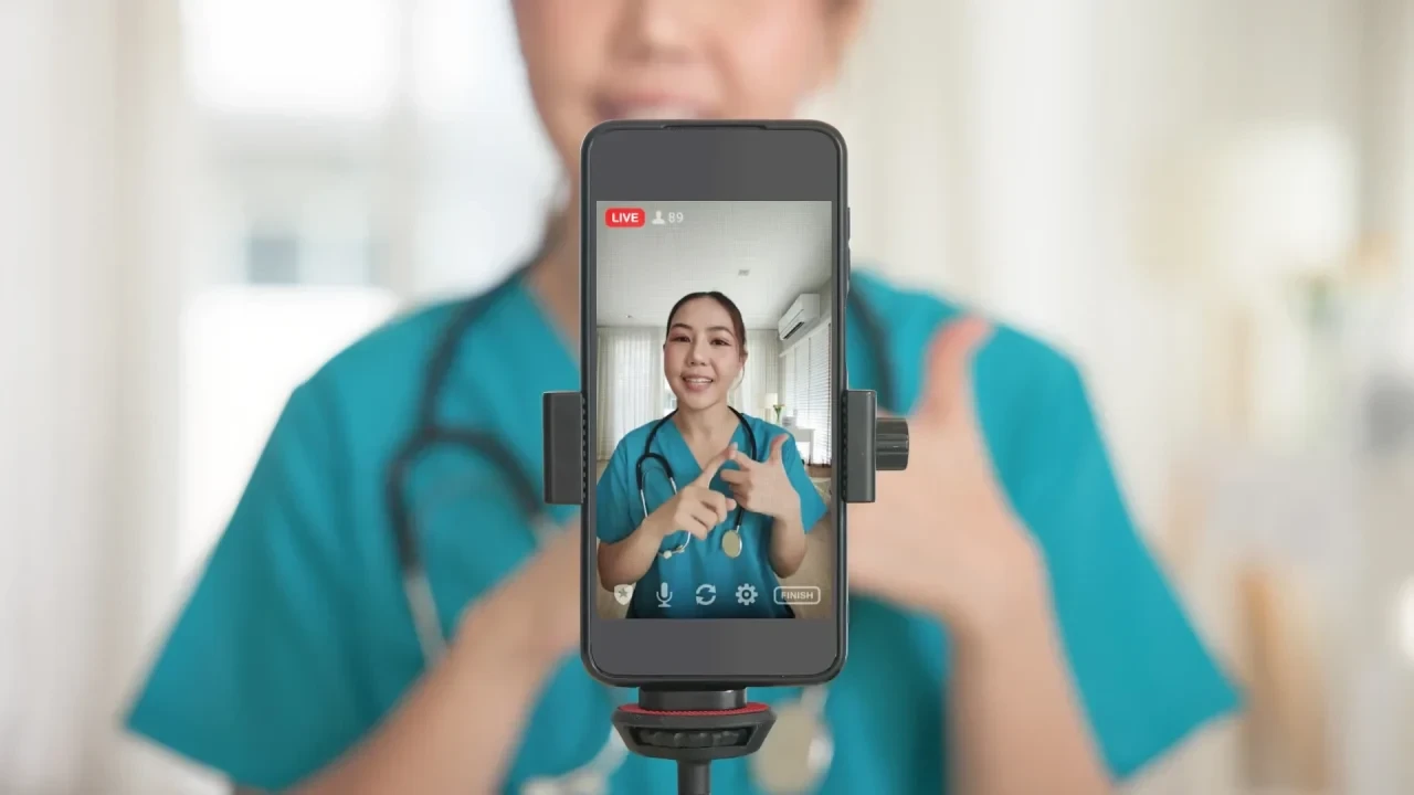 Ärztin im Live-Stream auf dem Smartphone