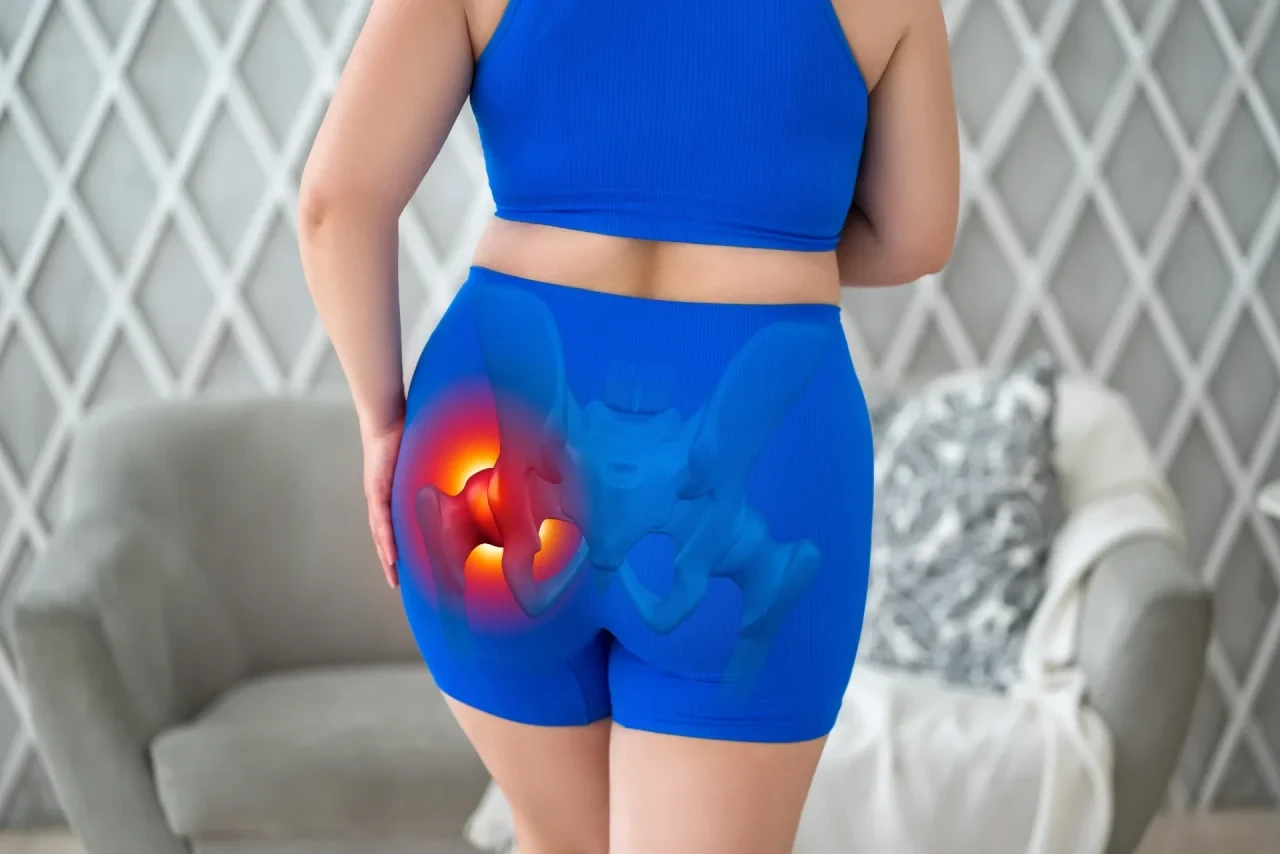 Das Bild zeigt eine stehende Person von hinten in einem blauen Sportoberteil und einer blauen Shorts. Eine eingeblendete anatomische Grafik des Beckens macht die Hüftgelenke sichtbar. Das linke Hüftgelenk ist durch einen rot-orange leuchtenden Bereich hervorgehoben