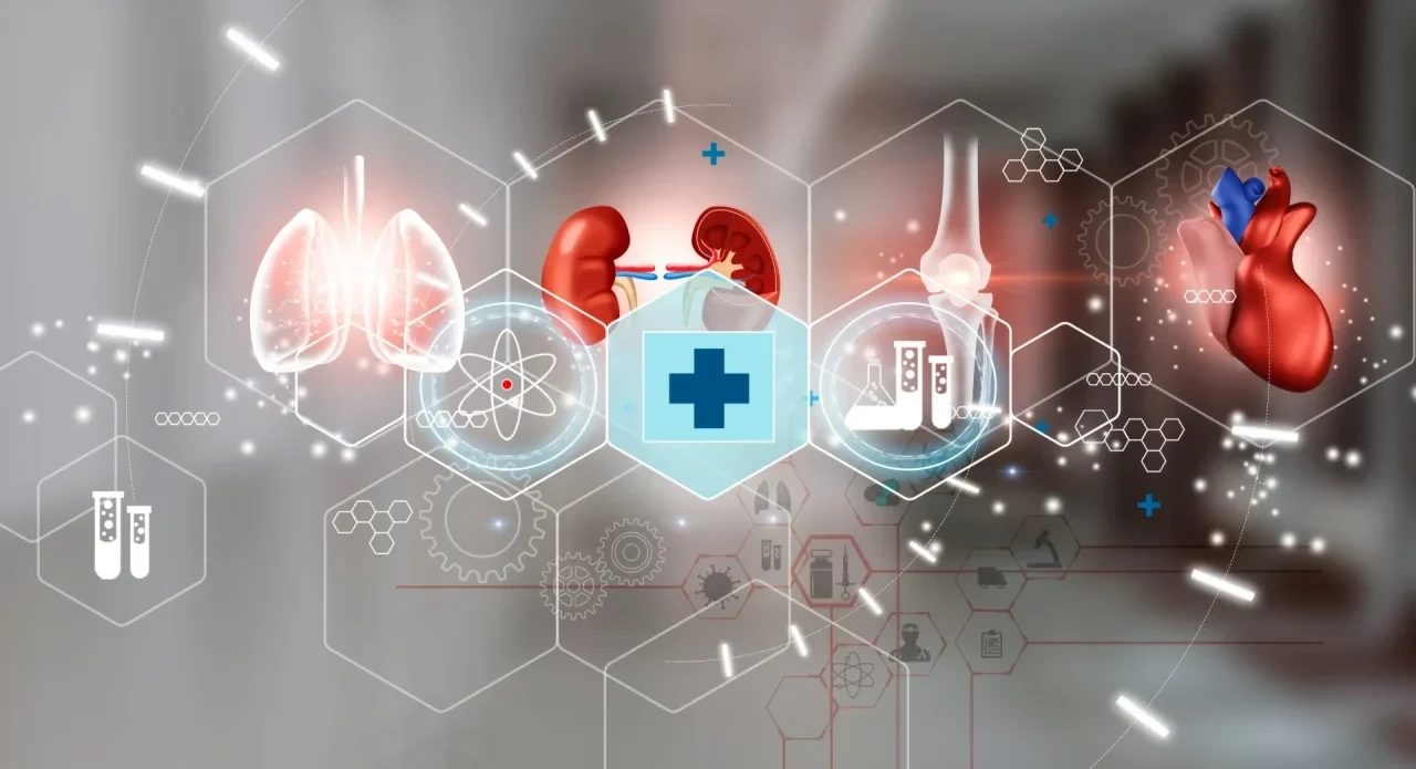 Medizinische Illustration mit Symbolen von Lunge, Nieren, Knochen und Herz vor dunklem Hintergrund, verbunden mit einem zentralen Schutzschild-Symbol mit medizinischem Kreuz.