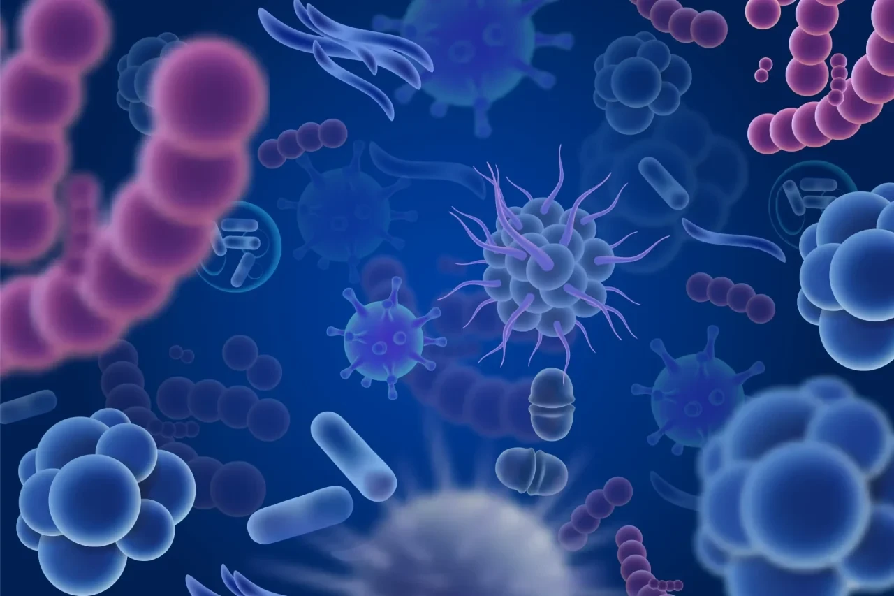 Eine 3D-Illustration verschiedener blauer und violetter Viren und Bakterien auf dunkelblauem Hintergrund