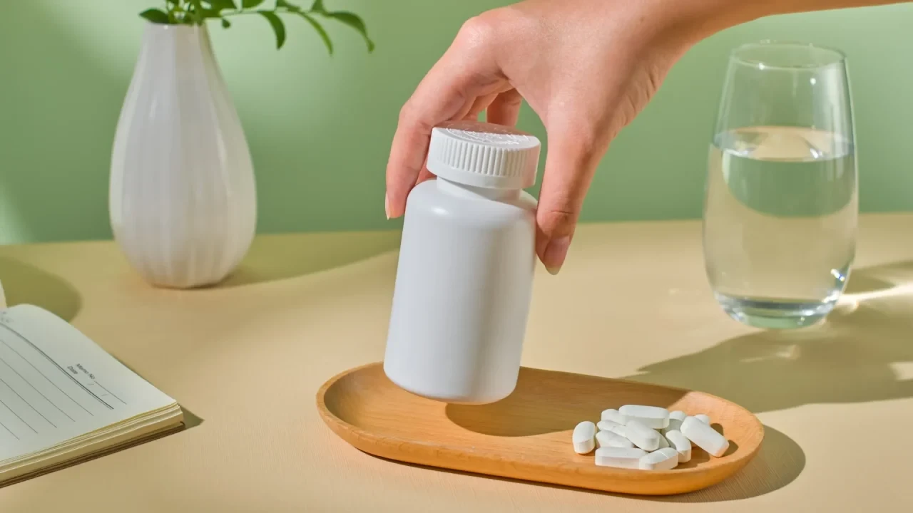 Eine Hand greift nach einer unbeschrifteten weißen Pillendose, neben der weiße Kapseln auf einem Holztablett liegen; im Hintergrund steht ein Glas Wasser