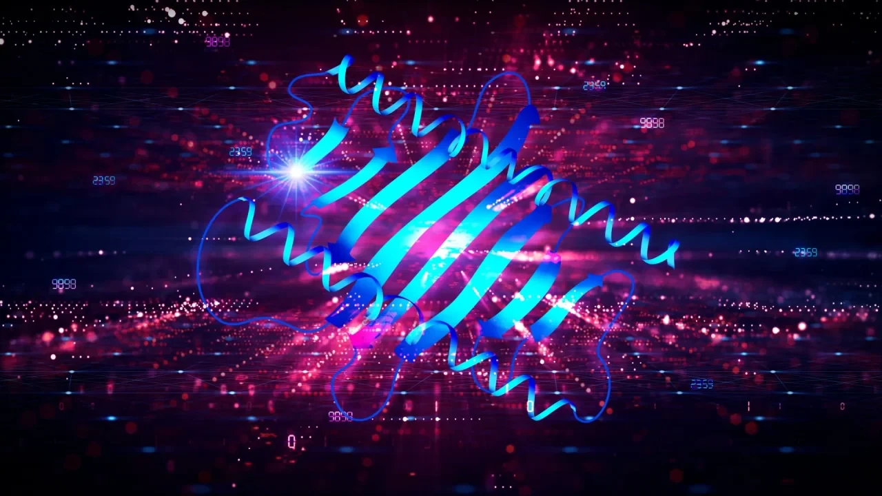 Dreidimensionale Darstellung einer Proteinstruktur mit Alpha-Helices und Beta-Faltblättern vor einem digitalen Datenhintergrund