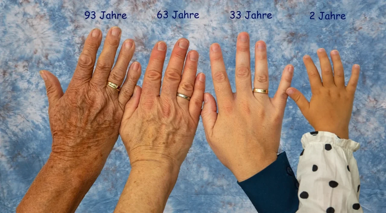 Vier Hände unterschiedlicher Generationen nebeneinander – von 93 über 63 und 33 bis 2 Jahre