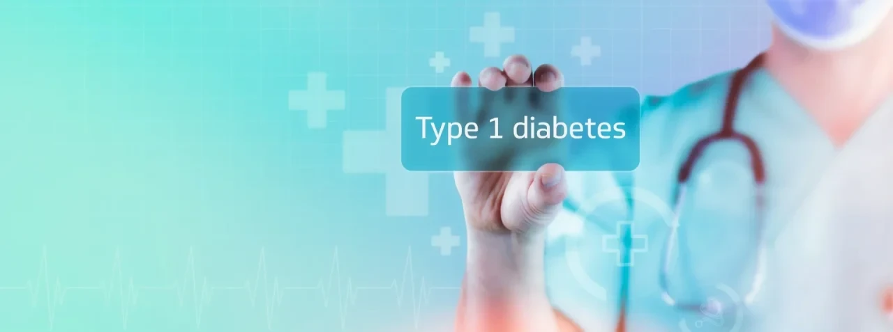 Arzt mit Stethoskop tippt auf ein digitales Feld mit der Aufschrift Type 1 diabetes vor einem Hintergrund mit medizinischen Symbolen