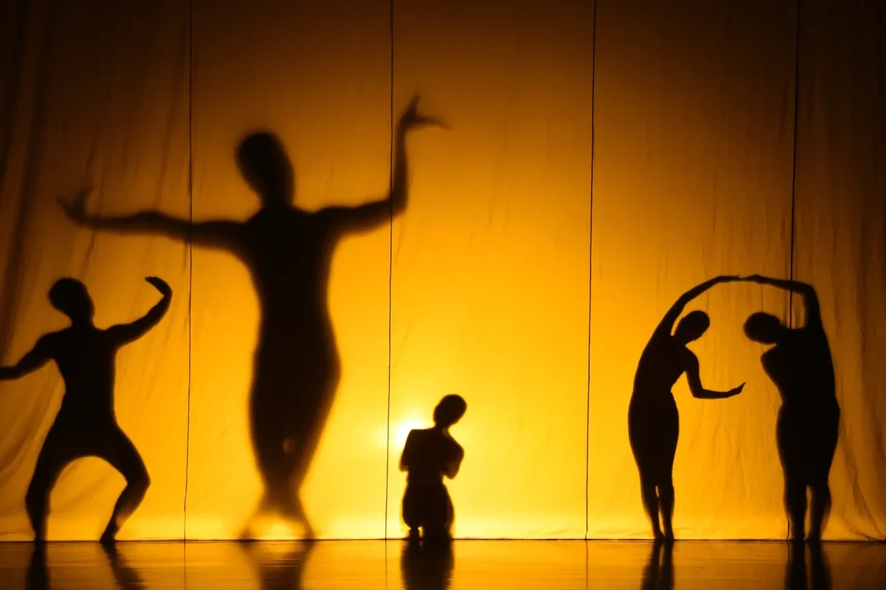 Auf einer Theaterbühne zeichnen sich die Schatten mehrerer Personen hinter einem hell erleuchteten Vorhang ab. Die Figuren nehmen unterschiedliche tänzerische oder künstlerische Posen ein.
