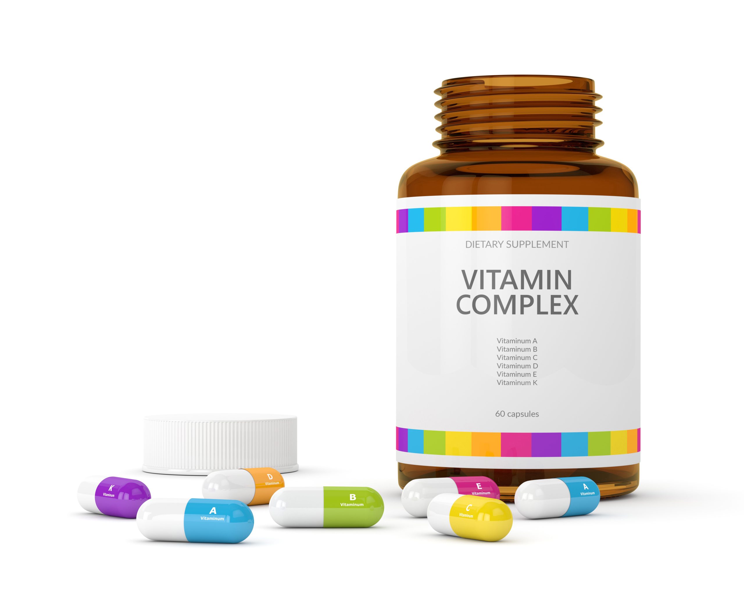 Bunte Vitaminkapseln mit Flasche