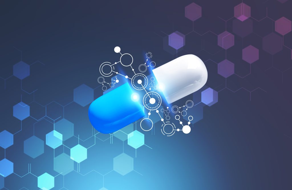 Blue and white pill inside immersive interface over blue red background with atomic grid. Concept of hi tech in medicine. 3d rendering toned image