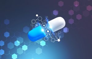 Blue and white pill inside immersive interface over blue red background with atomic grid. Concept of hi tech in medicine. 3d rendering toned image