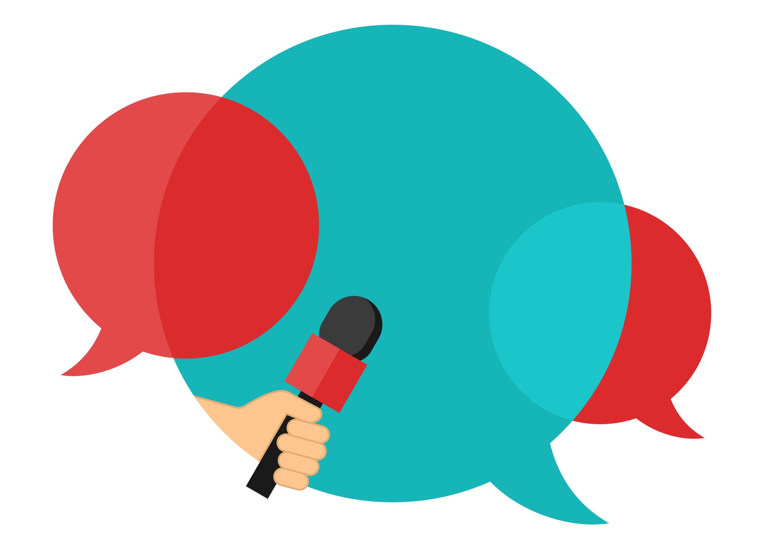 Media interview icon or press conference - microphone in hand and dialog bubbles with place for text - isolated template for breaking news headline, banner or poster